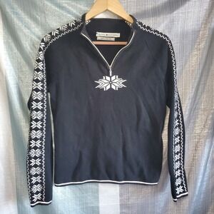 VTG Tommy Hilfiger Women Black Nordic Snowflake Quarter Zip Sweater S P Norway